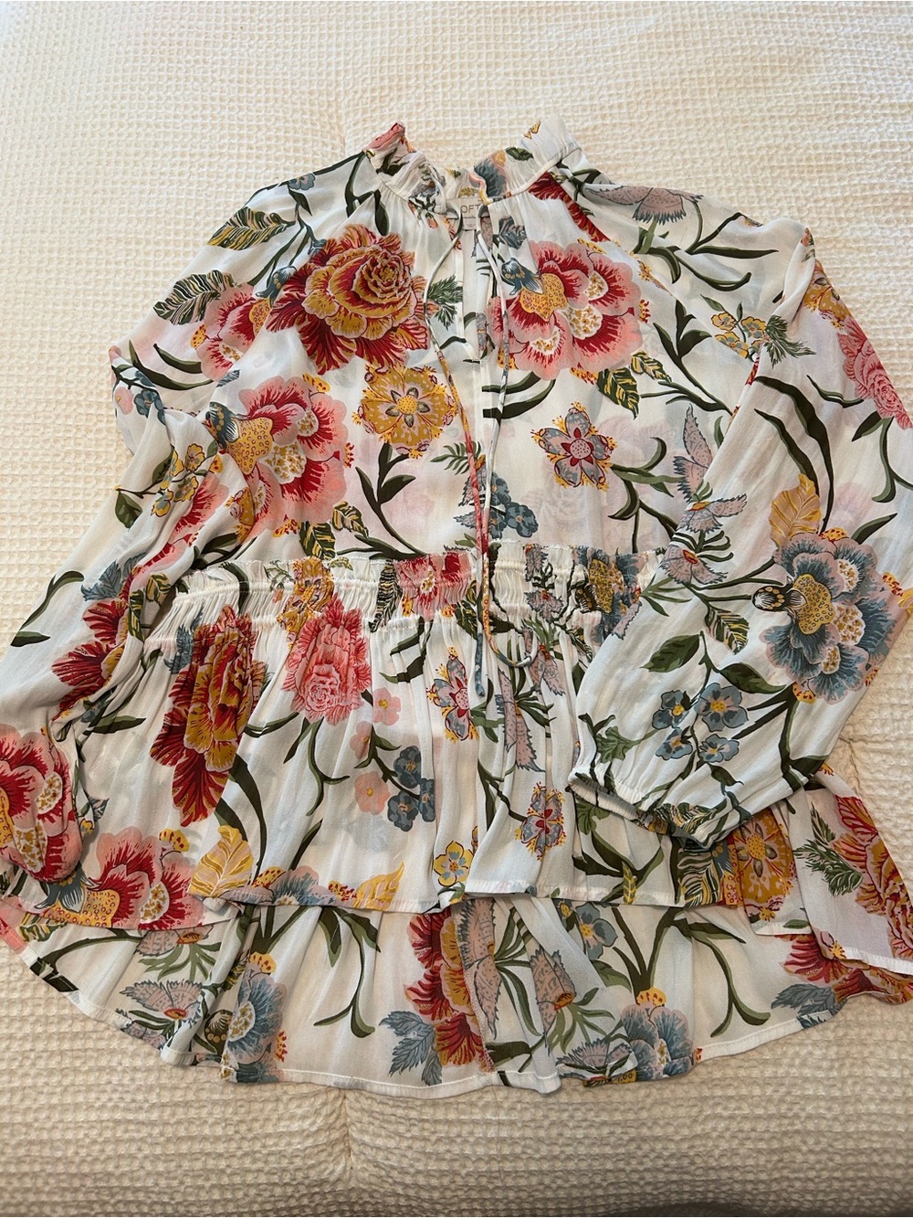 Floral Long-Sleeve Peasant Blouse - Pink & Yellow &Green